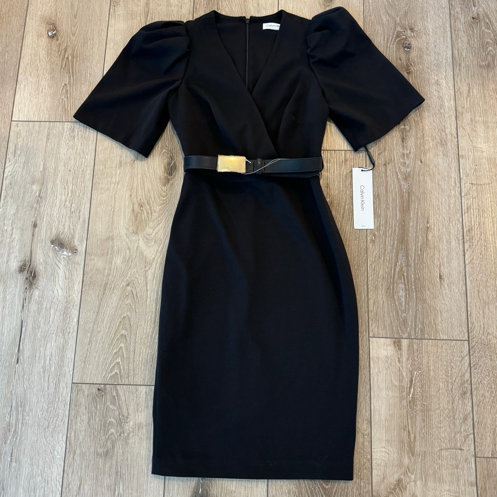 NWT Calvin Klein Black V Neck Dress with Belt + Shoulder Pads Size 0P Petite